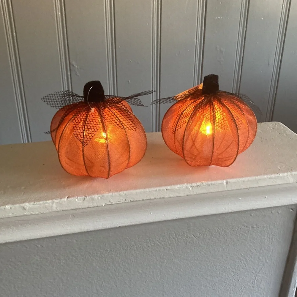 NWT- 2- Elegant Orange Lace Covered Light Up LED Halloween Pumpkin Decorations